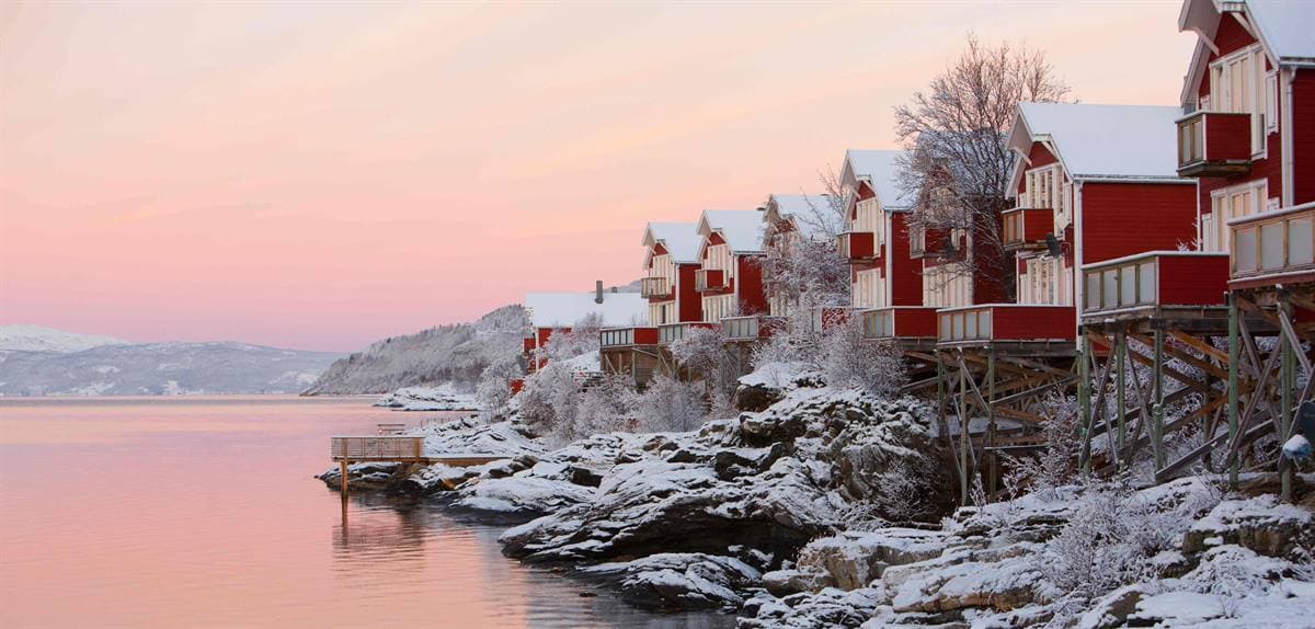 Red cabins on stilts on the snowy shoreline rocks at a pink winter sunset