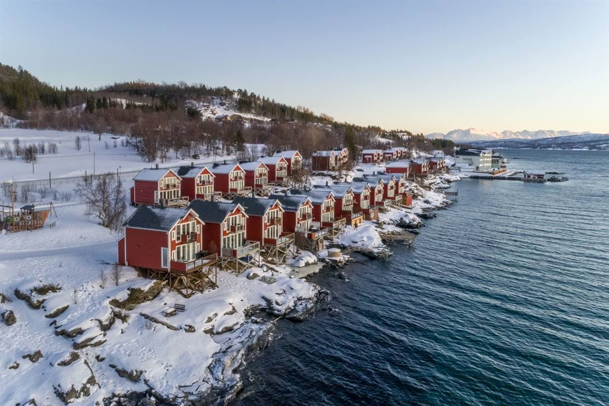 Red rorbu cabins on the snowy shoreline by the fjord in winter, seen from above