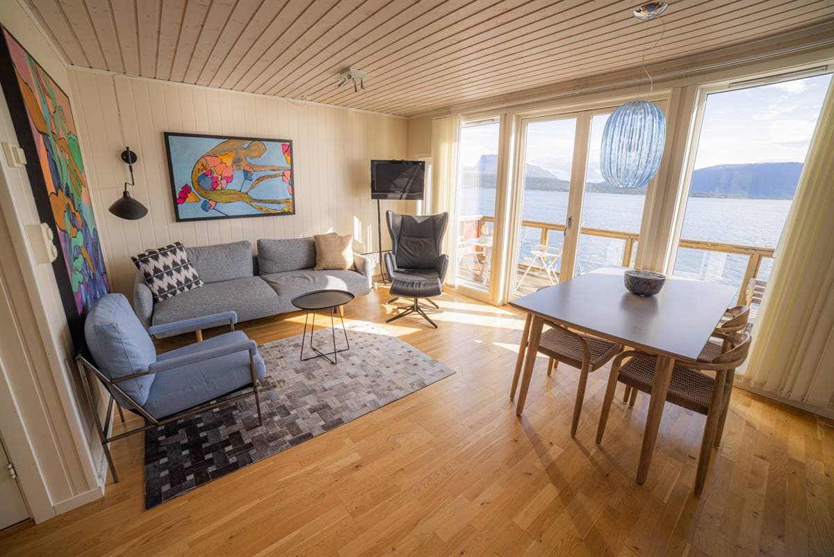 Apartment living room with sofa and artwork